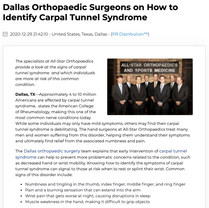 Dallas Orthopaedic Surgeons on How to Identify Carpal Tunnel Syndrome